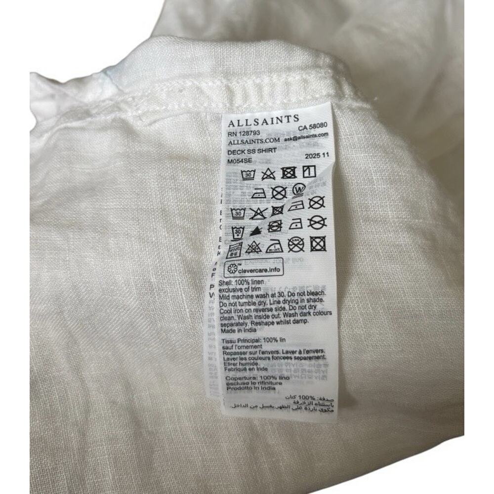Men’s AllSaints Deck Embroidered White Linen Camp Shirt Relaxed Boxy Fit Sz S - Picture 11 of 11